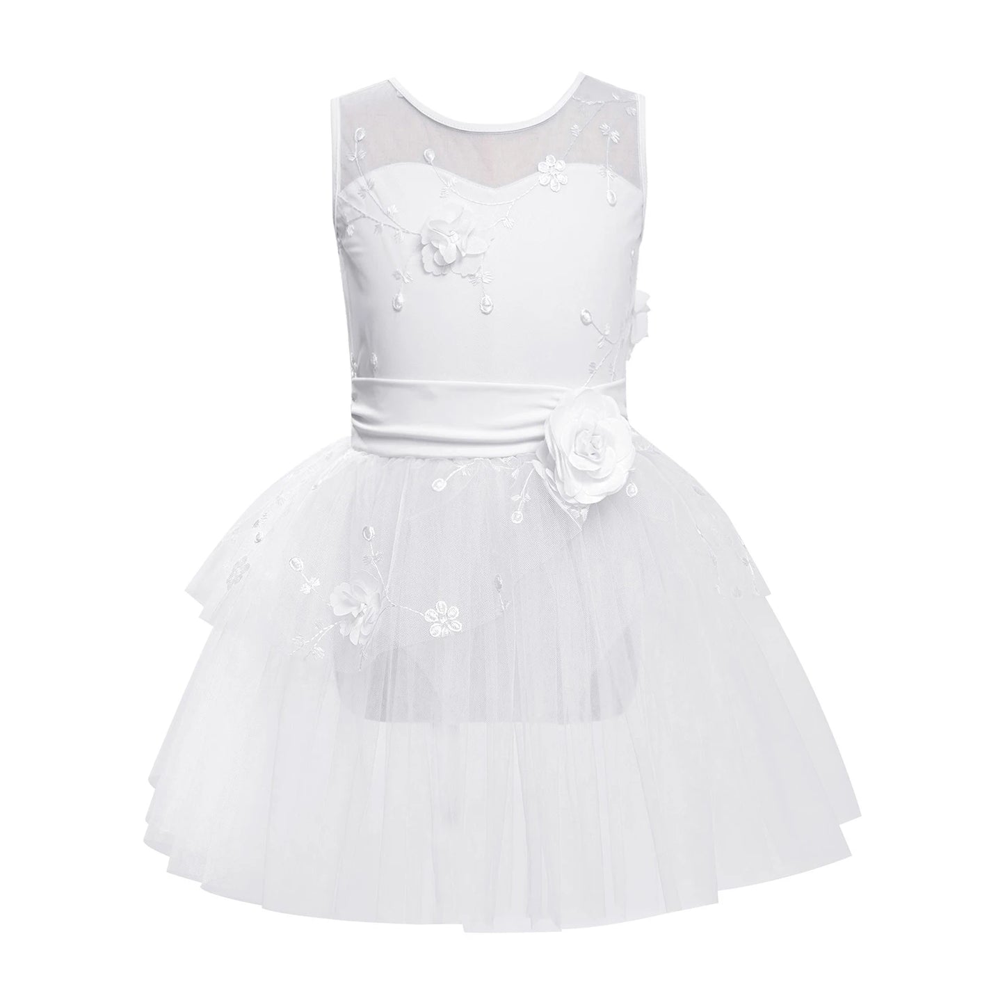 Kids Girls Ballet Dance Dress Ballerina Princess Costume Applique Embroidered Figure Skating Leotard Dress for Stage Performance