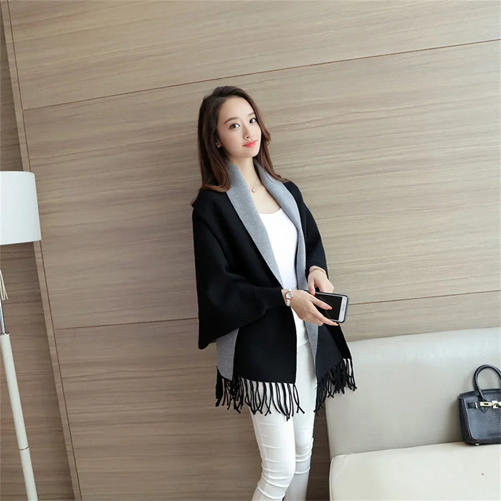 New Colors Black Women Outstreet Loose Knitwear Capes Solid Autumn Winter Knitted Batwing Sleeves Long Poncho Female Tassel Coat