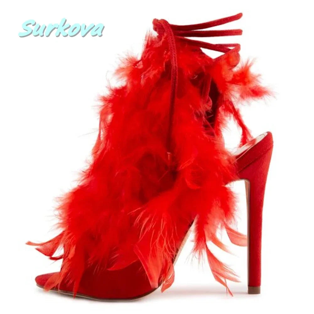 Red Feather Stiletto Sandals Round Open Toe Thin High Heels Cross Straps Summer Fashion Modern Sandals Party Dress Women's Shoes