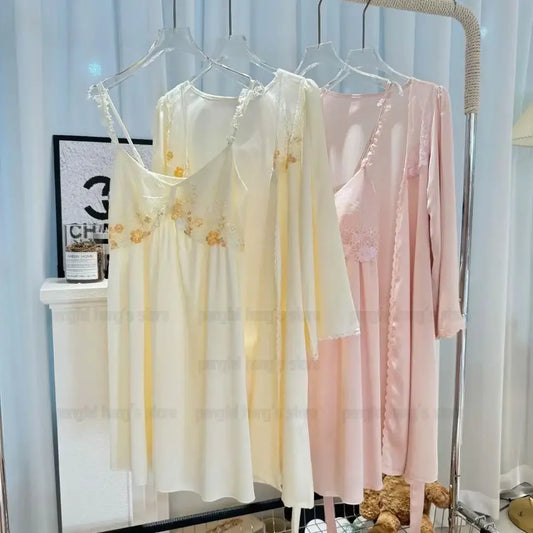 Yellow Princess Style Robe Set Sexy Lingerie Underwear Women Satin Sleepwear Sexy Lace Chemise Nightdress Short Bathrobe Suit