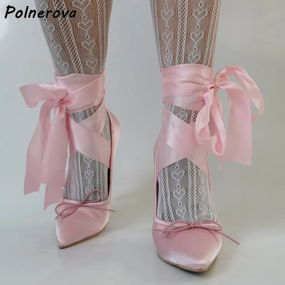 Stain Pink Butterfly Knot Pumps Ankle Band Bows Shallow Pointy Toe Thin Heels Sweet Lolita Shoes Women's Stiletto Summer Pumps