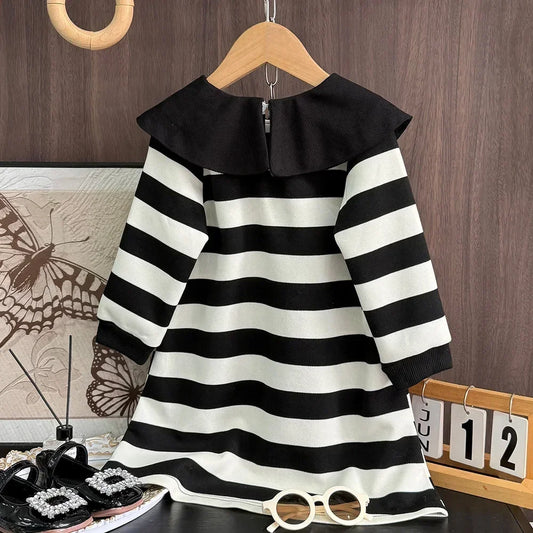 Black and White Fashion Korean Version Autumn New Girls' Casual Clothes Lapel Striped Long Sleeved Dress for Children Aged 3-7