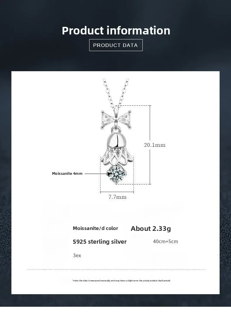Genuine Moissanite Necklace S925 Sterling Silver Bow Bell Necklace GRA Certified A distinguished Christmas gift for your lover