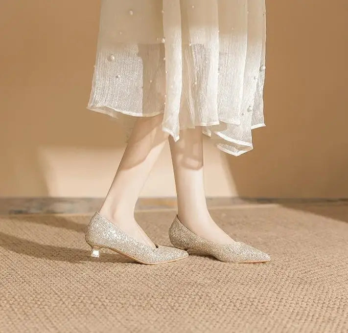 Size 34-41 Red Low Heels Women's Stiletto Heel Wedding Shoes Women Pointed Toe Fashion Sexy Elegant Bride Pumps Gold