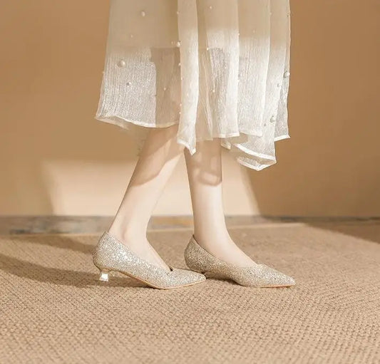 Size 34-41 Red Low Heels Women's Stiletto Heel Wedding Shoes Women Pointed Toe Fashion Sexy Elegant Bride Pumps Gold