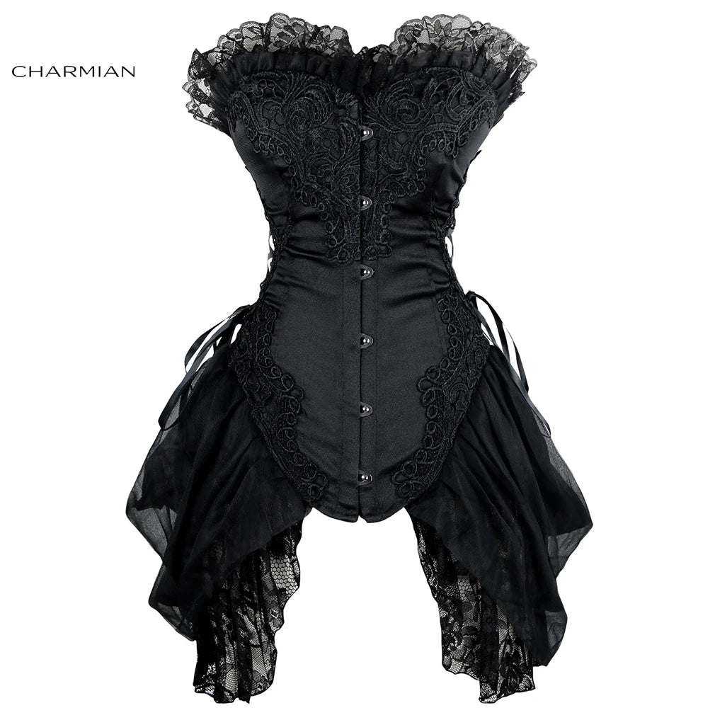 Charmian Burlesque Corset Fantasy Women Sexy Gothic Strapless Floral Lace Plus Size Lace Up Corset with Skirt Bustier Lingerie