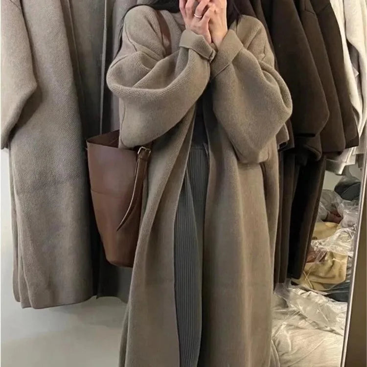 Women Knitted Cardigan Coats Casual Sweater Solid Extra Long Full Sleeves Open Stitch Loose Fit Elegant Office Lady 2025 Autumn