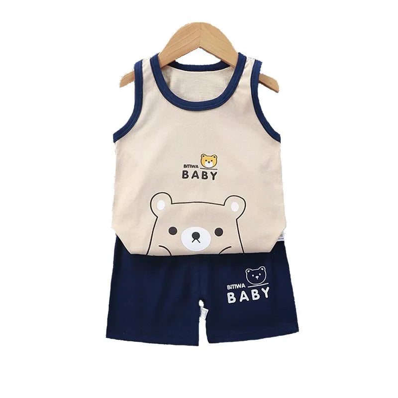 Kids Baby Boys Girls Cotton Breathable Vest+Shorts 2-Piece Set Cartoon Printing Summer Tracksuit Casual Clothes Suit 1-6 Years
