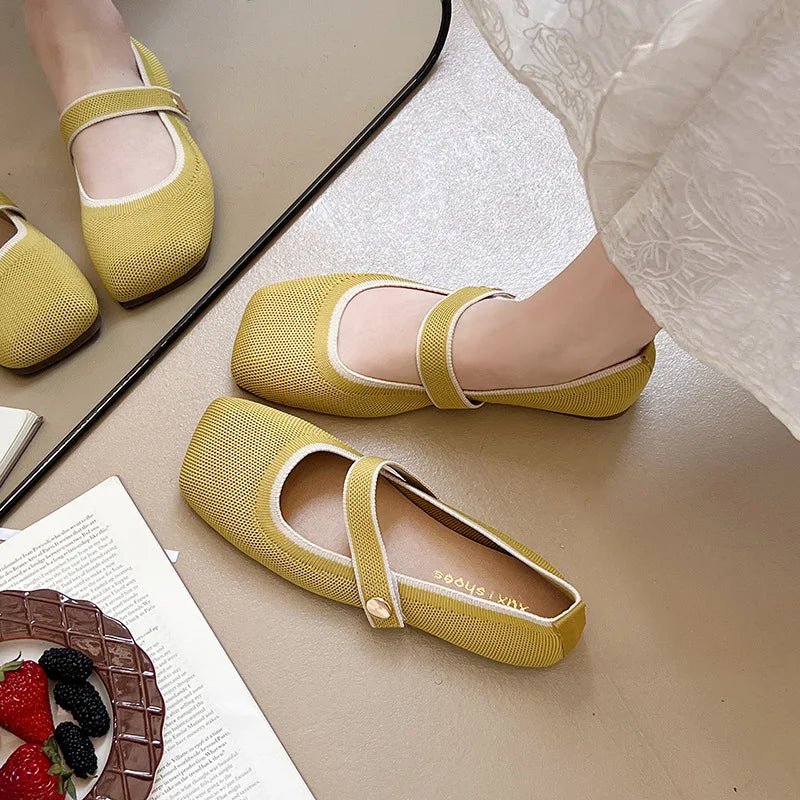 New Women's Single Shoes Fashion Square Toe Comfortable Mesh Flat Loafers Buckle Strap Woven Shoes Breathable Casual Soft Sole