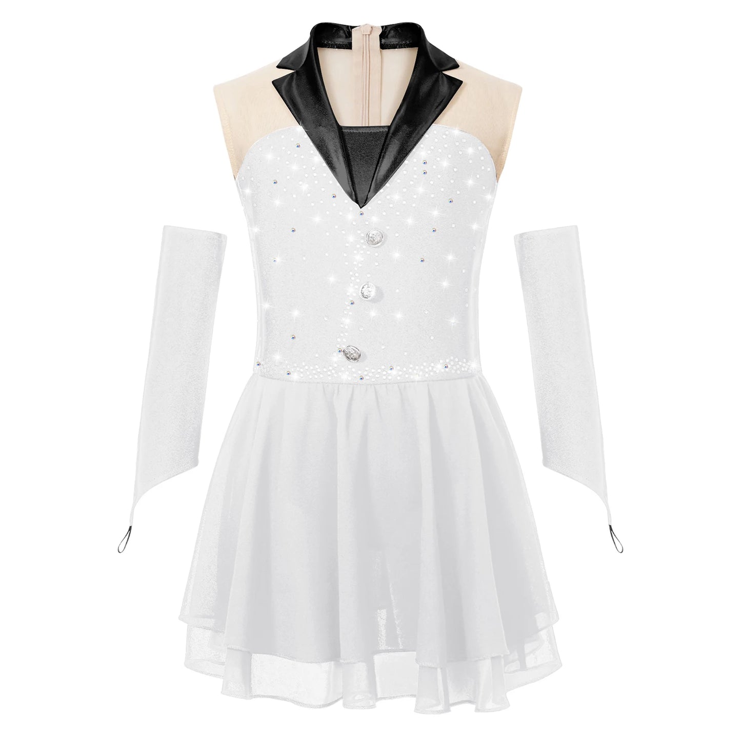 Kids Girls Shiny Ballet Skating Tuxedos Leotard Dress with Gloves Children Lyrical Dance Costumes Latin Cha-cha Stage Dancewear