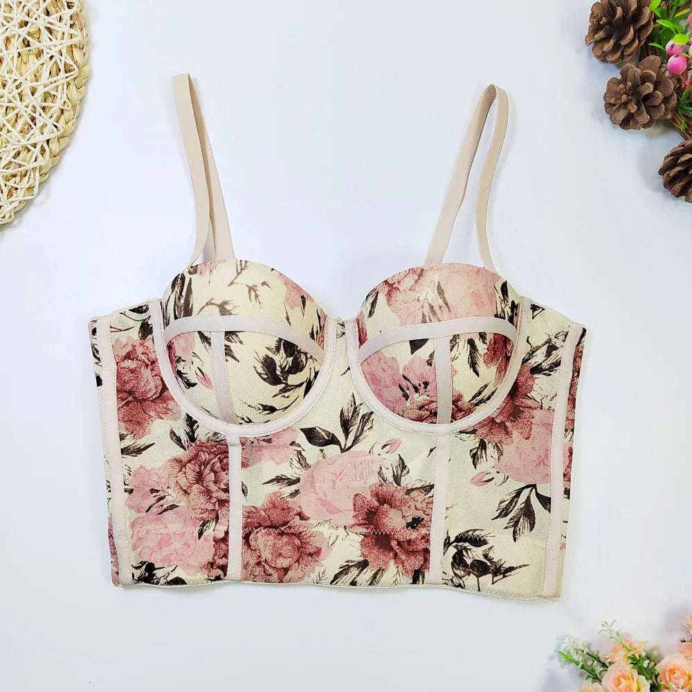 Women Sexy Floral printed Corset Tank Top Nightclub Party Short Chest Binder Camisole Girl Push Up Bustier Lady Bra Lingerie