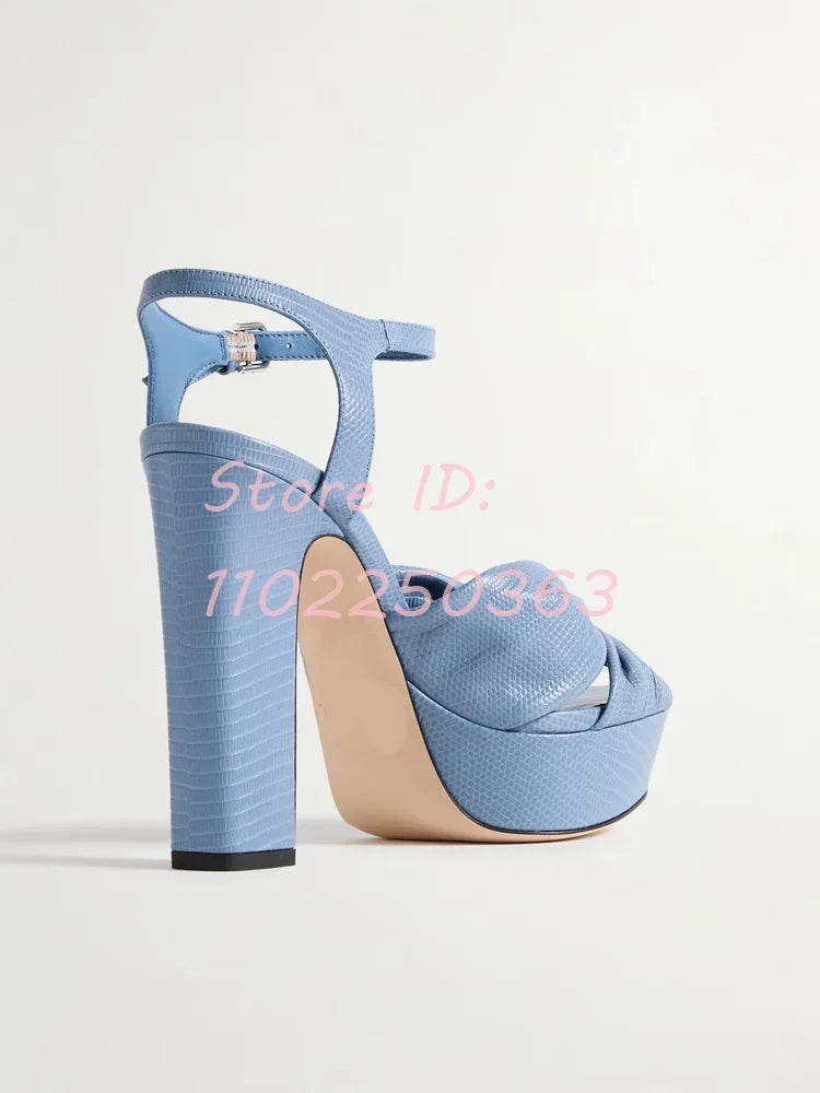 Platform Blue Knotted Straps High Heel Sandals Round Toe Back Buckle Strap Chunky Elegant Pumps 2025 Women Dress Modern Shoes