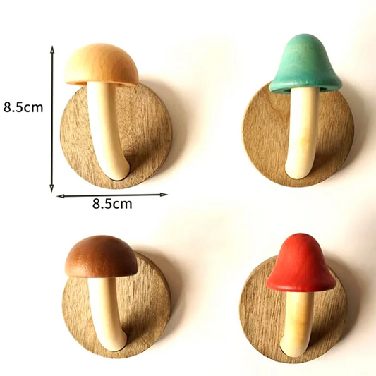 A26F-4PCS Fun Wooden Mushroom Coat Hook Non-Perforated Solid Wood Hook Kitchen Bathroom Cloakroom Door Hook Wooden