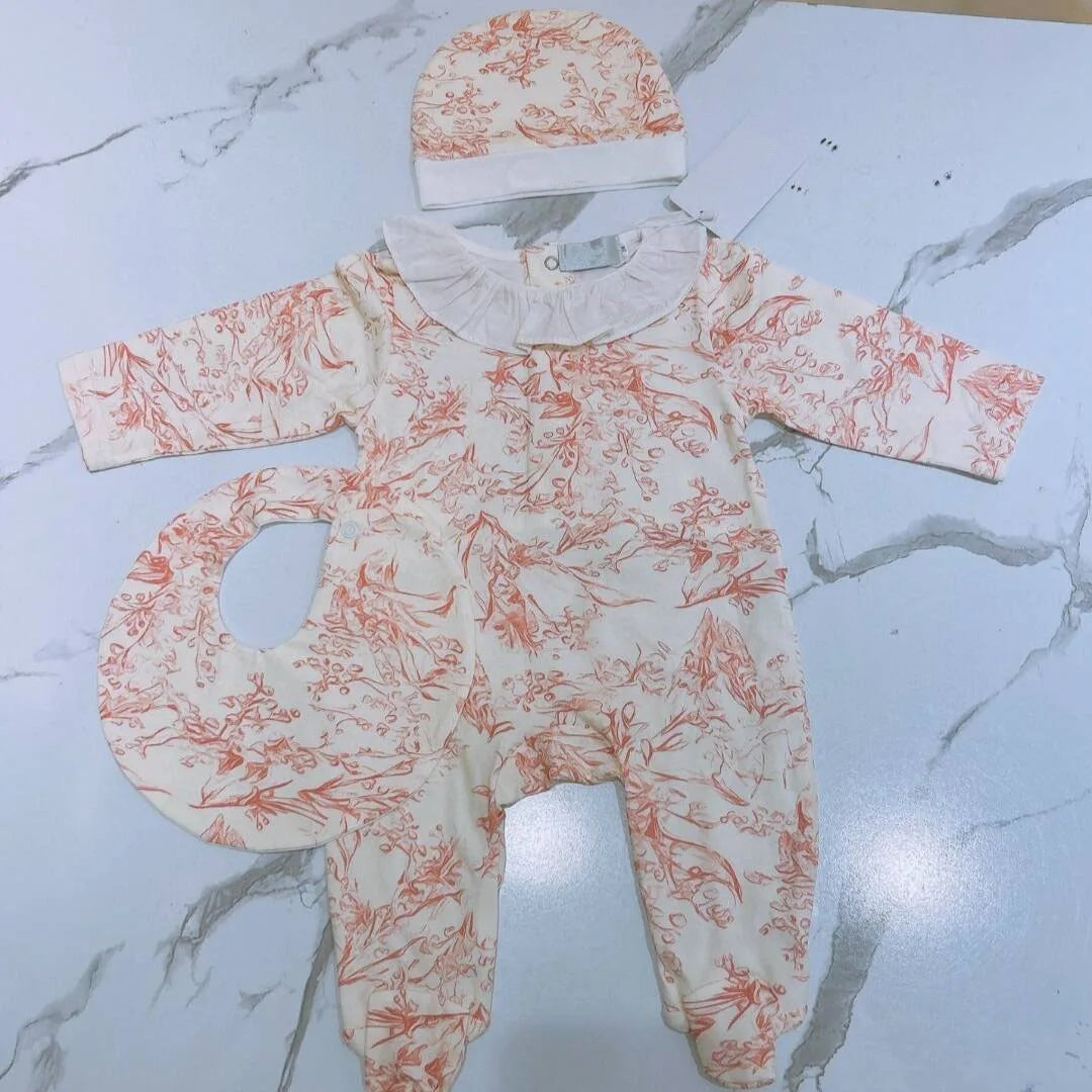 2024 new design Baby clothes newborn baby pure cotton jumpsuits full print forest baby girl rompers bib hat 3 pcs set