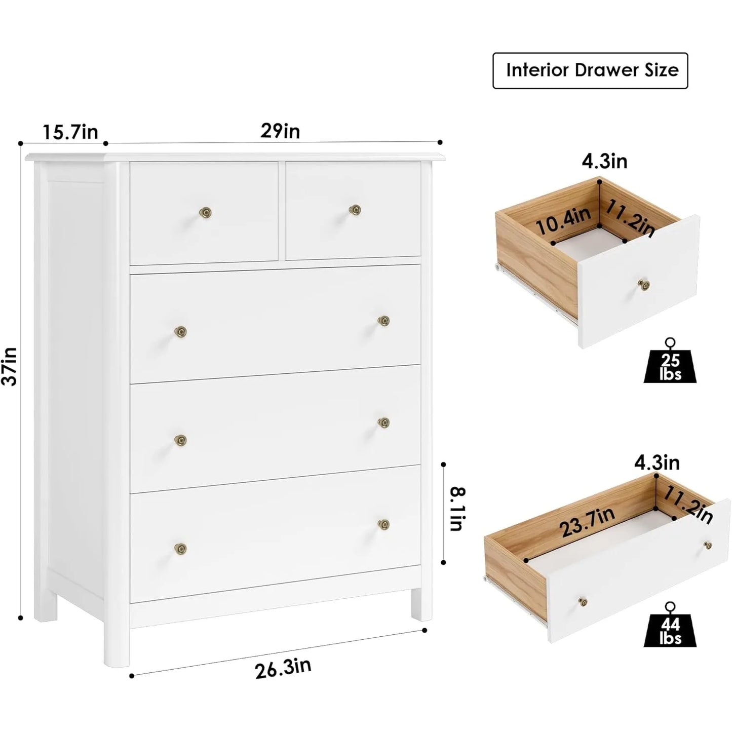White Dresser with 5 Drawers, Tall Chest of Drawers, 5 Drawer Dresser with Deep Space, Wood Storage Cabinet for Living Room
