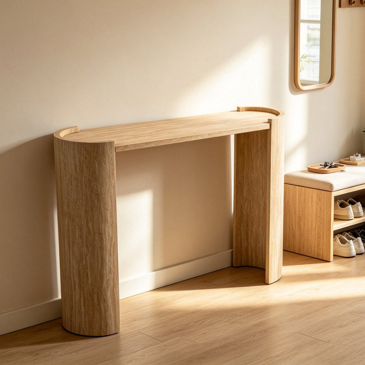 Curved Console Table with U-Shaped Legs and a Natural Wood-Grain