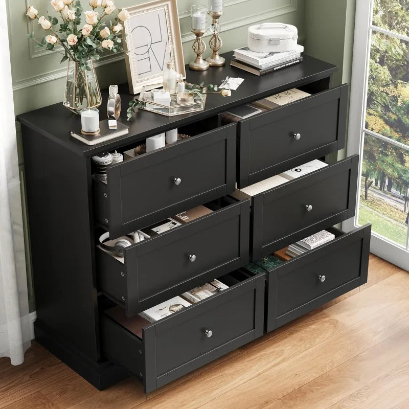 FOTOSOK Black Dresser,6Drawer Dresser Black,Modern Double Chest with Deep Drawers,Wide Storage Organizer Cabinet for Living Room