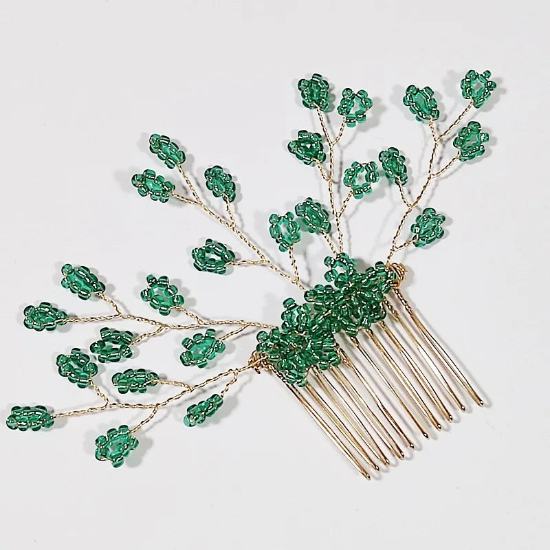 Green Color Rhinestone Hair Combs Bridal Hair Jewelry Leaf Hairpins Pearls Hairpins Bride Wedding Headdress Headband