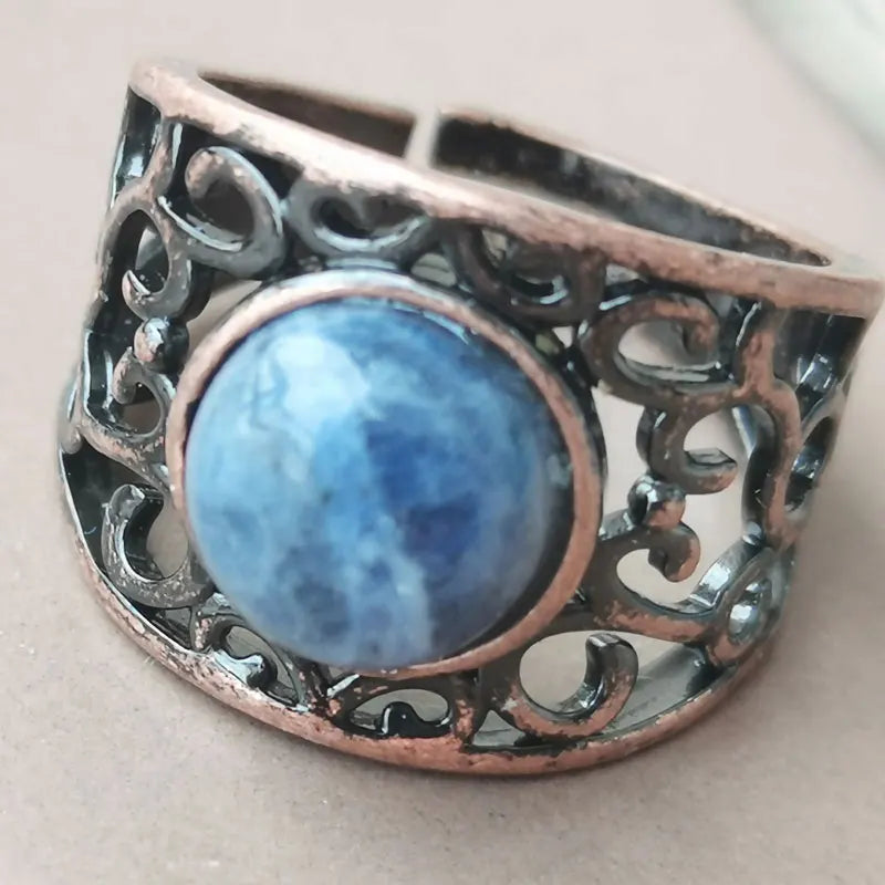 Aventurine Malachite Tiger Eye Crystal Lapis Lazuli Howlite Carnelian Goldstone Opal Unakite Sand Jaspe Bead Ring PWB1230