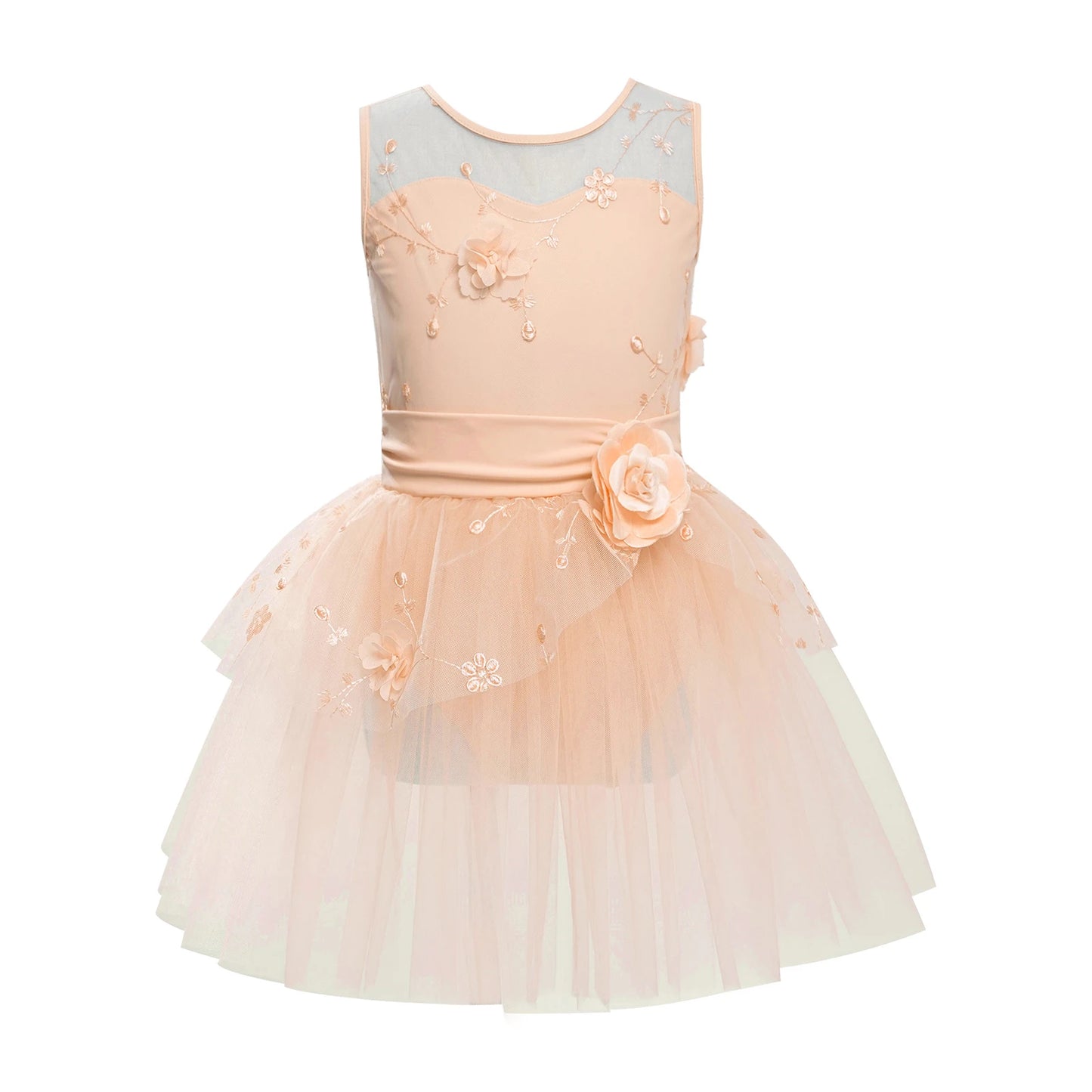 Kids Girls Ballet Dance Dress Ballerina Princess Costume Applique Embroidered Figure Skating Leotard Dress for Stage Performance