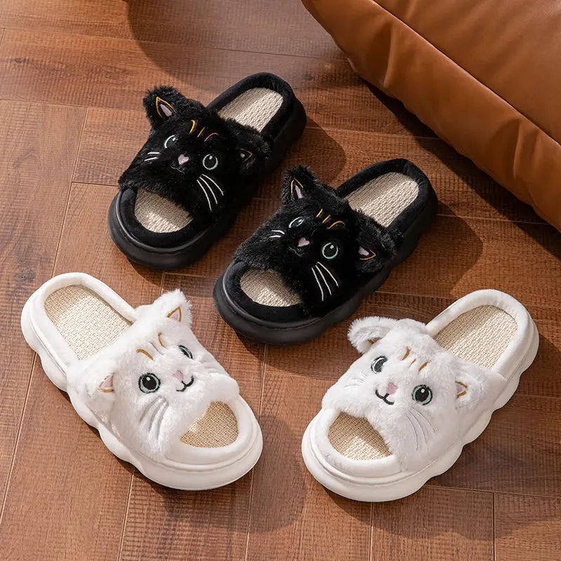 Open Toe Plush Shoes for Women Men Couples Cat Slippers Cute Stereoscopic Kitten Shoes Breathable Linen Slipper