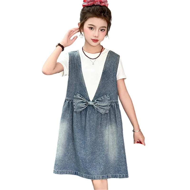 Kids Fashion Reversible Clothes Loose Fit Sleeveless Denim Vest Dress with Bow for Teens Girl Street Outfit Child Jeans Dress