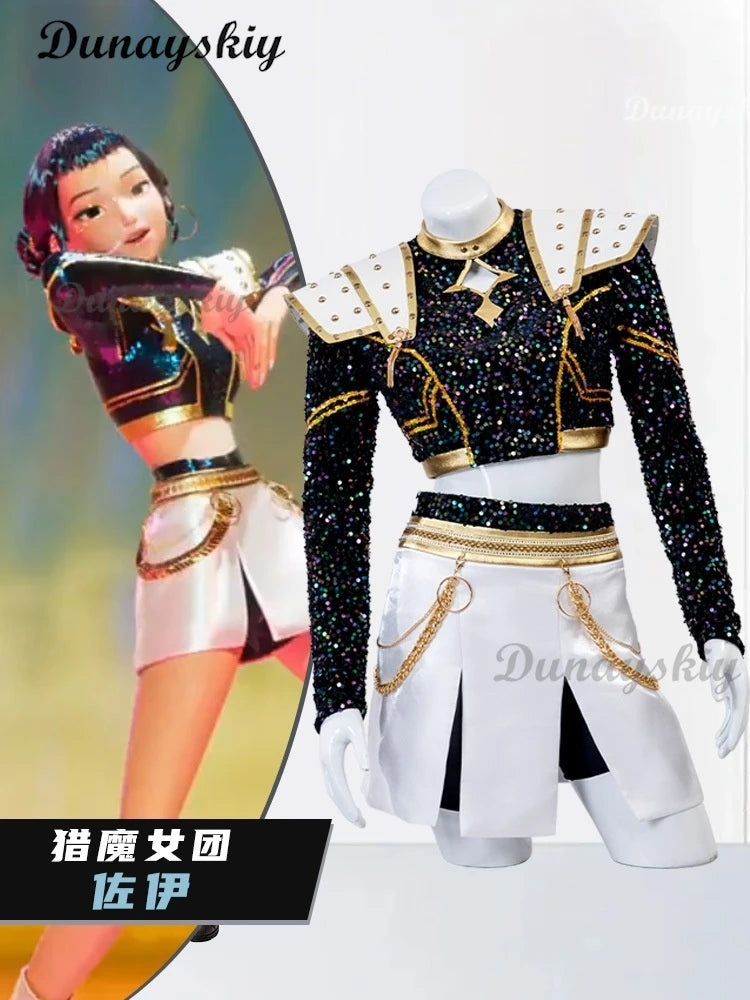 Zoey Cosplay Anime KPop Demon Hunters Costume Wig Coat Skirt Neckwear Tassels Props Huntrix Dress For Women Girls Huntrix Party