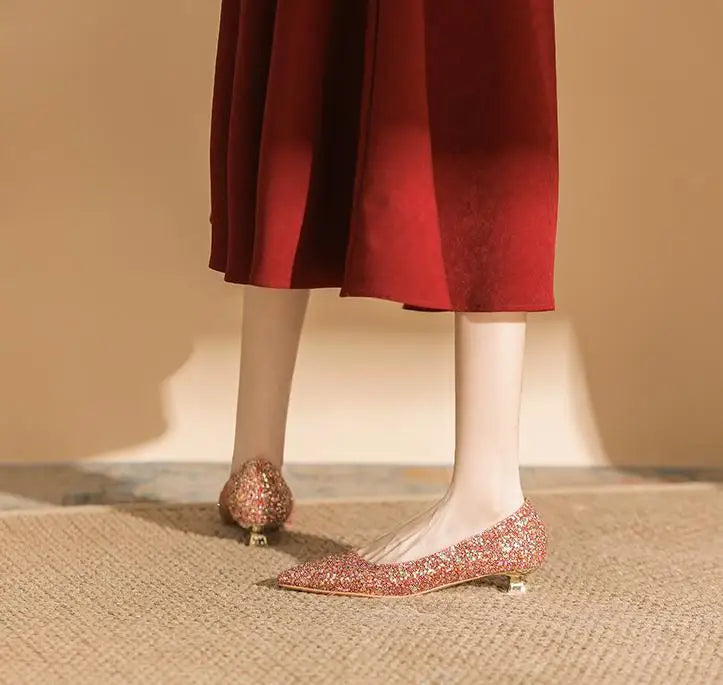 Size 34-41 Red Low Heels Women's Stiletto Heel Wedding Shoes Women Pointed Toe Fashion Sexy Elegant Bride Pumps Gold