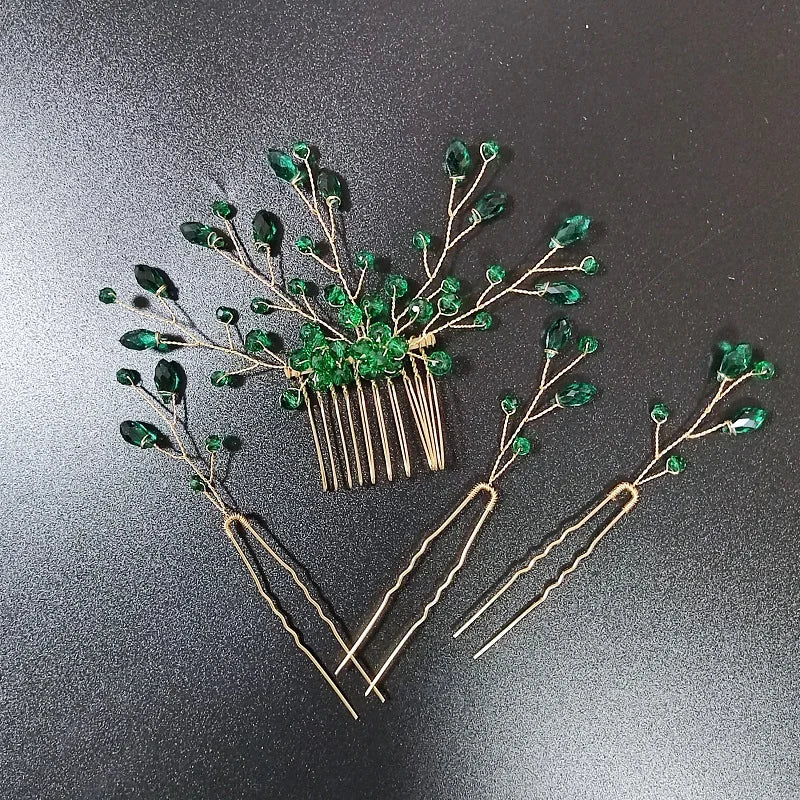 Green Color Rhinestone Hair Combs Bridal Hair Jewelry Leaf Hairpins Pearls Hairpins Bride Wedding Headdress Headband
