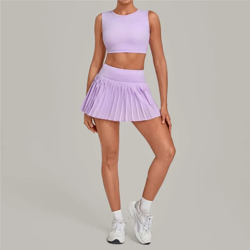 2 Piece Women Quick-Dry Sports Shorts Skirt Set O-Neck Long Sleeve Top Running Fitness Workout Athletic Tracksuit Sportswear
