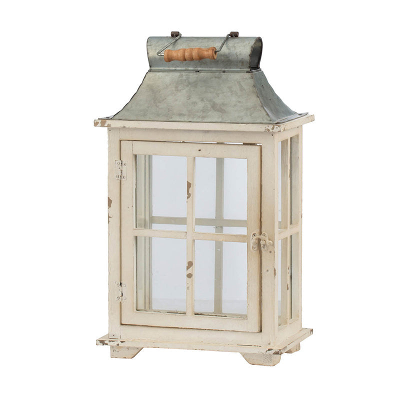 Set of 2 Ivory Wood & Metal Hurricane Candle Lanterns
