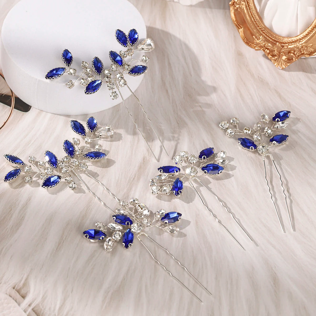 Blue Crystal Bride Elegant Hair Pins Fashion Leaves Rhinestones Hair Clips Headwear For Women Party Jewelry Hair Accessories