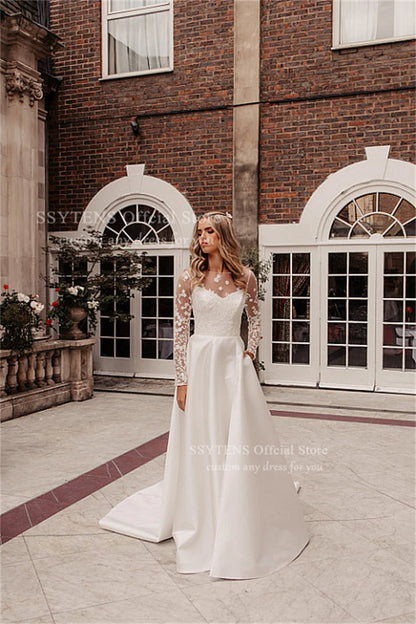 SSYTENS Elegant A Line Wedding Dresses White Appliques Bridal Gowns Illusion Long Sleeve Customized Corset Bride Dresses 2026