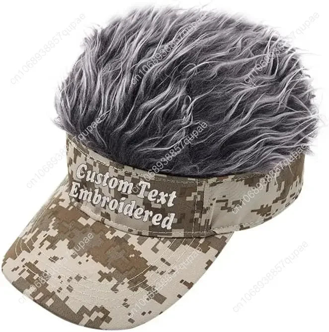 Custom Text Personalized Embroidered Novelty Hair Visor Cap Wig Peaked Adjustable Baseball Hat with Spiked Hair