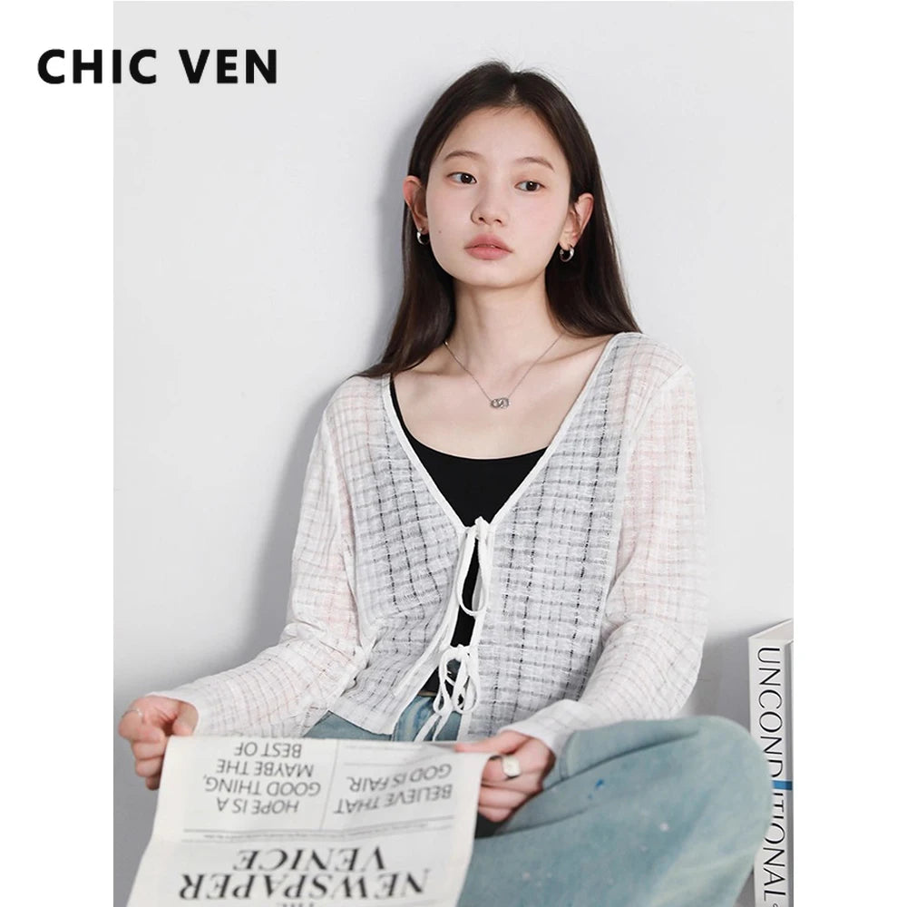 CHIC VEN Women Cardigan Loose Casual New Solid V-neck Lace Up Knitted Sweaters Hollow Out Female Short Coat Spring Autumn 2025
