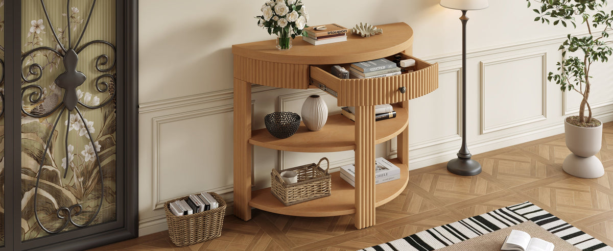 Fluted Half Moon Console Table with Drawer and 2 Shelves for Entryway,