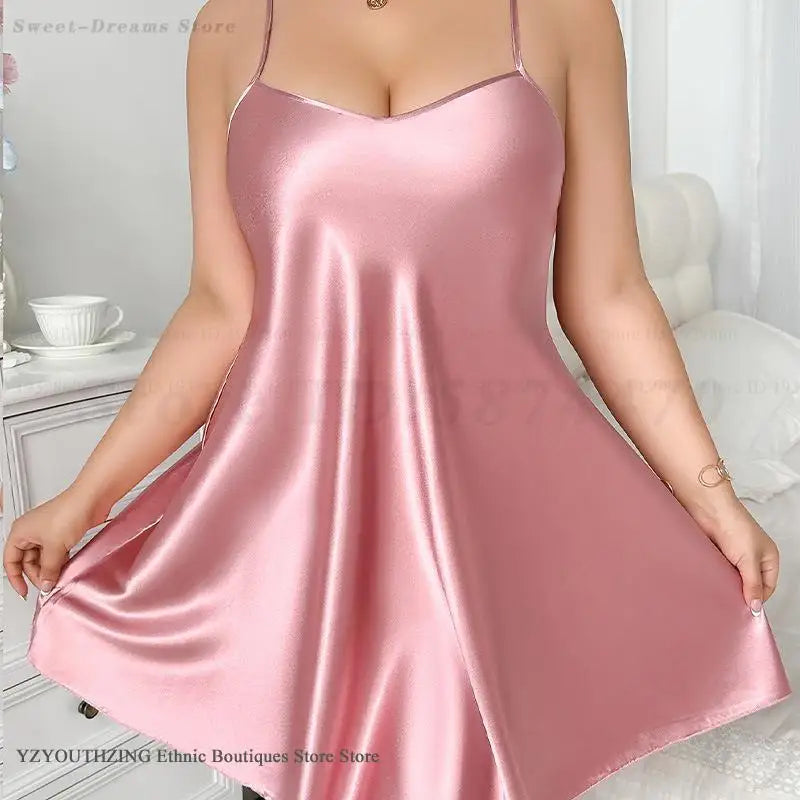 Plus Size 3XL 4XL 5XL Women's Sleepwear Nightgown Sexy Lingerie Suspender Nightdress Summer Ice Silk Nighty Underwear Loungewear