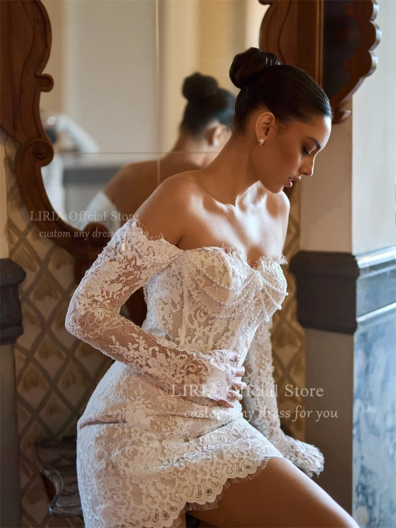 LIRIA Customized White Off the Shoulder Wedding Dresses Pearls Lace Long Sleeve Backless Bridal Gowns Flower Mini Wedding Gowns