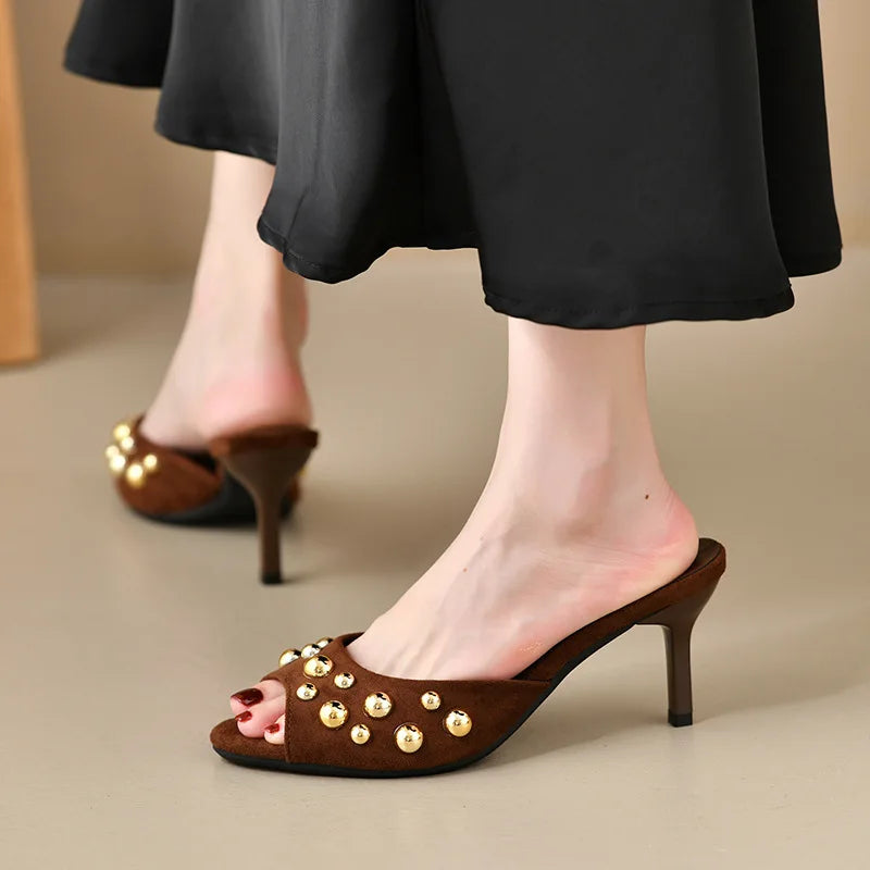 Oulylan Riveted Open Toed Flip-flops Women Summer Sexy Thin High Heels Elegant Solid Color High-heeled Shoes For Party Dress