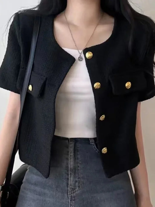 Chic ort Coat Jaet Women's Thin Design Woolen round Ne Quali Lady Open Cardigan Top Commute Sle Loose Fit Bubble Sl...