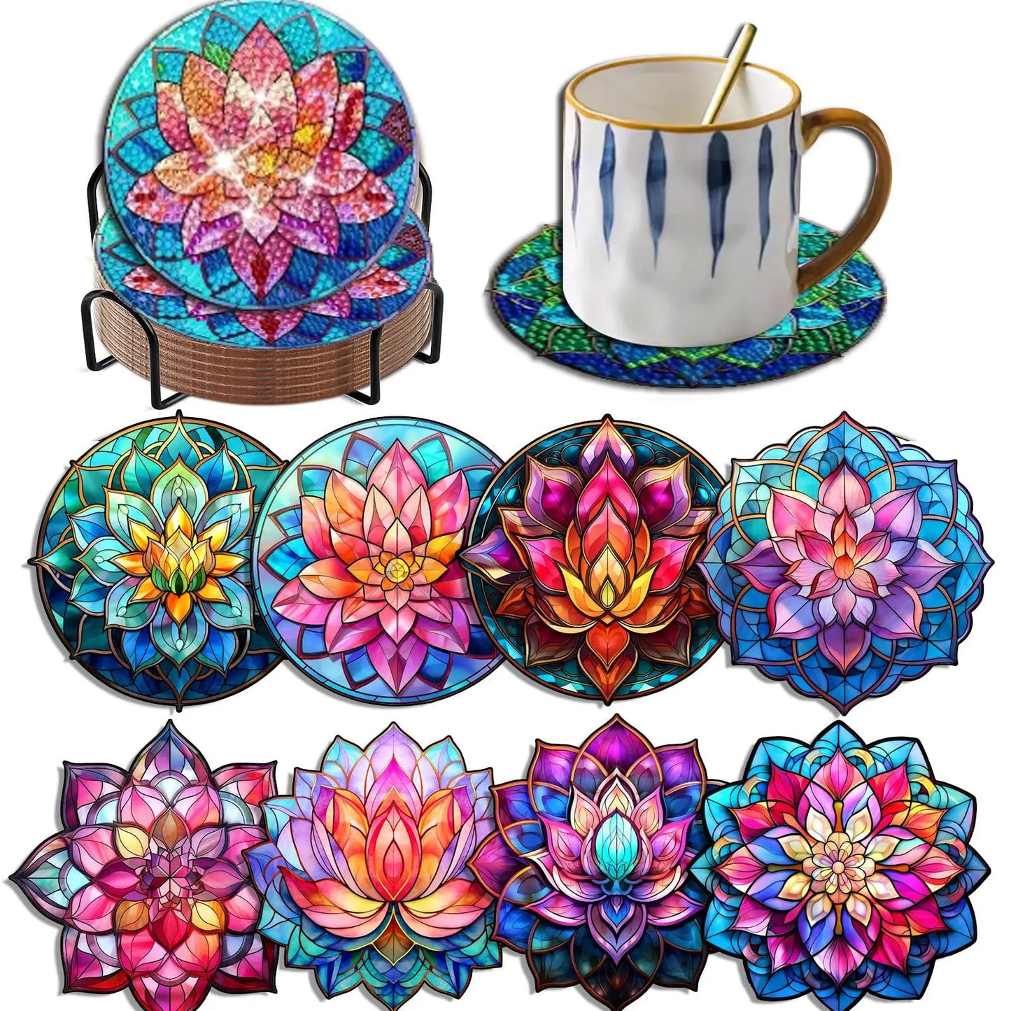 8pcs/Set DIY Diamond Painting Coasters with Holder Anti Slip Wood Drip Mats Crystal Rhinestones Diamond Art Coasters for Adults