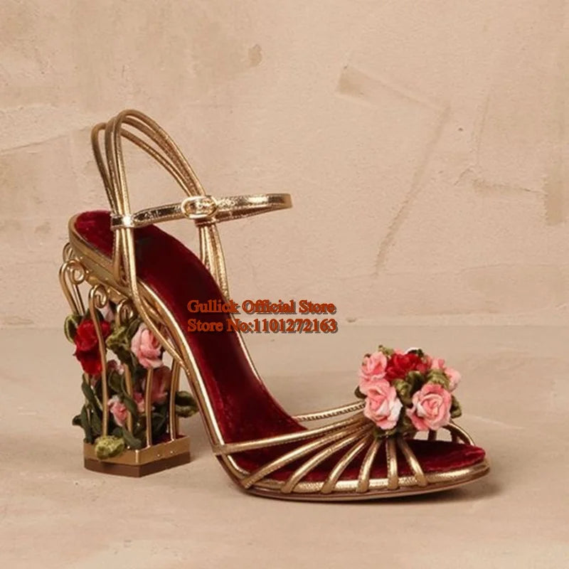 Luxury Bird Cage Women Sandals Gold Metallic Leather Strappy Sandals Floral Flower Ankle Strap Celebrate Bride Party Shoes 8.5cm