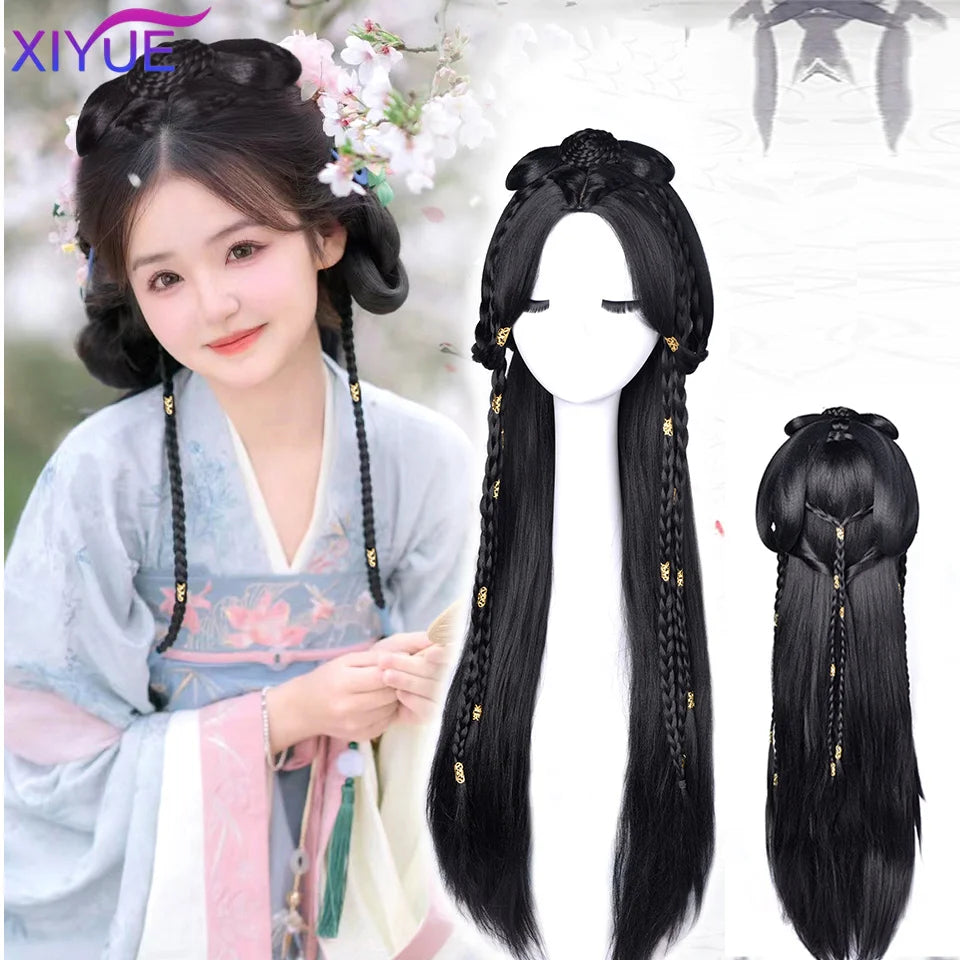 XIYUE Hanfu Wig Headband Women Chinese Style Synthetic Hair Piece Antique Modelling Cos Pad Hair Accessories Headdress Black