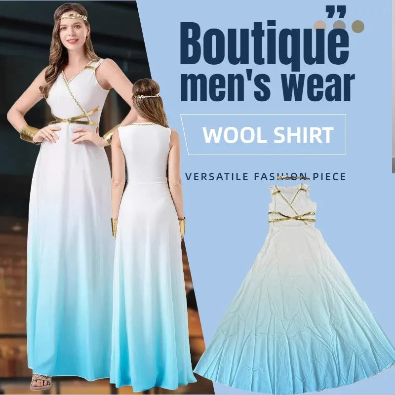 Costumes accessories Halloween costume blue and white gradient dress Greek goddess dress cosplay dance party performance costume