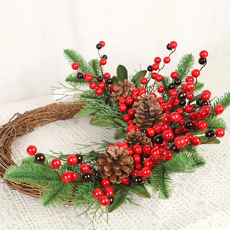Christmas Rattan Wreath Pine Natural Branches Berries Pine Cones  Christmas Wreath Supplies Home Door Decoration For New Year's