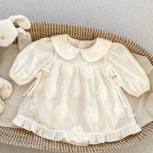 2024 New Autumn 0-24M Children Clothes Newborn Baby Girls Long Sleeved Cotton Bodysuits+Lace Dress Korean Style Climbing Suit