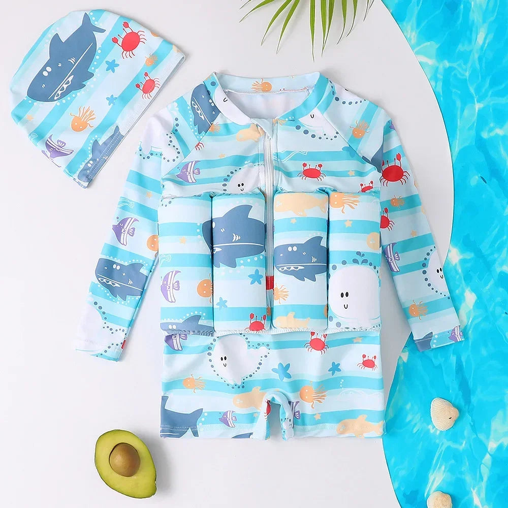 1-6T Children's Buoyancy Swimsuit Cartoon Swimwear Kid One-Piece Floating Rash Guards Bathing Clothes Boys Girls Swimming Suits