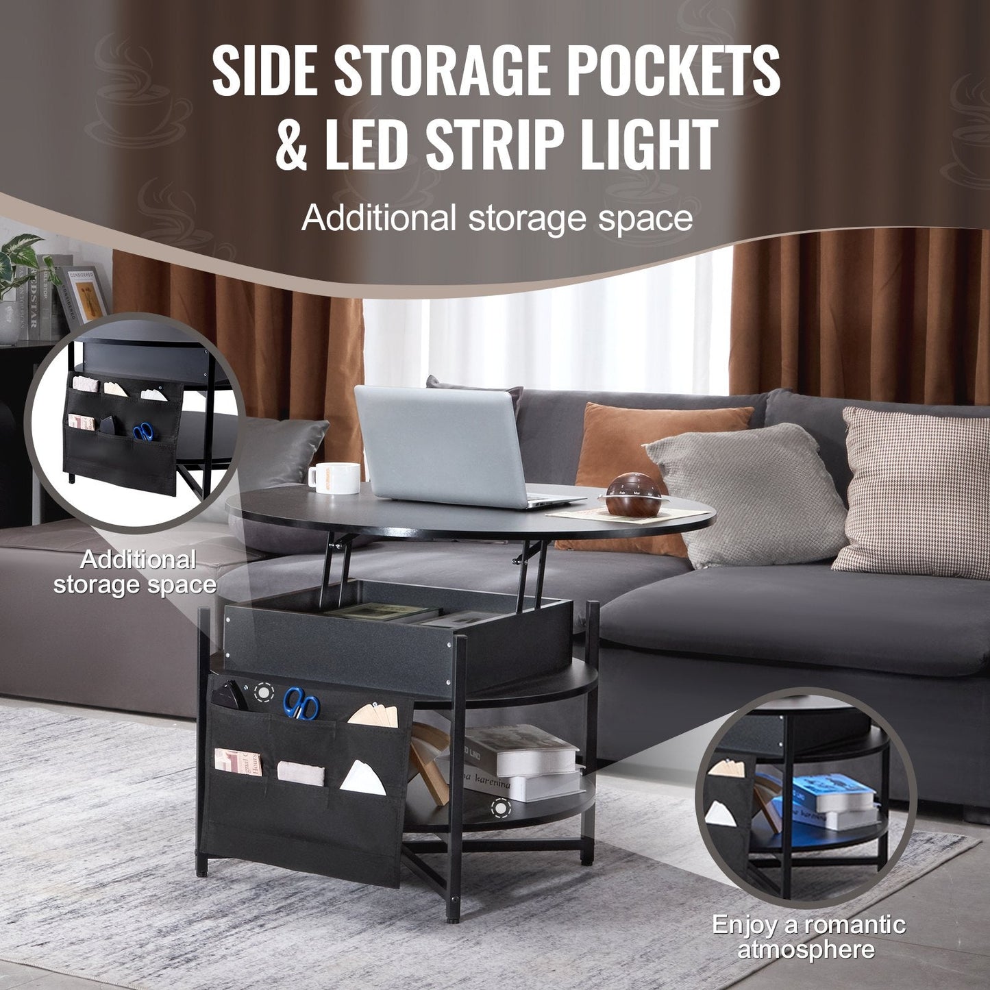 Lift Top Coffee Table, 35.3 In Round Coffee Table With Extra Storage