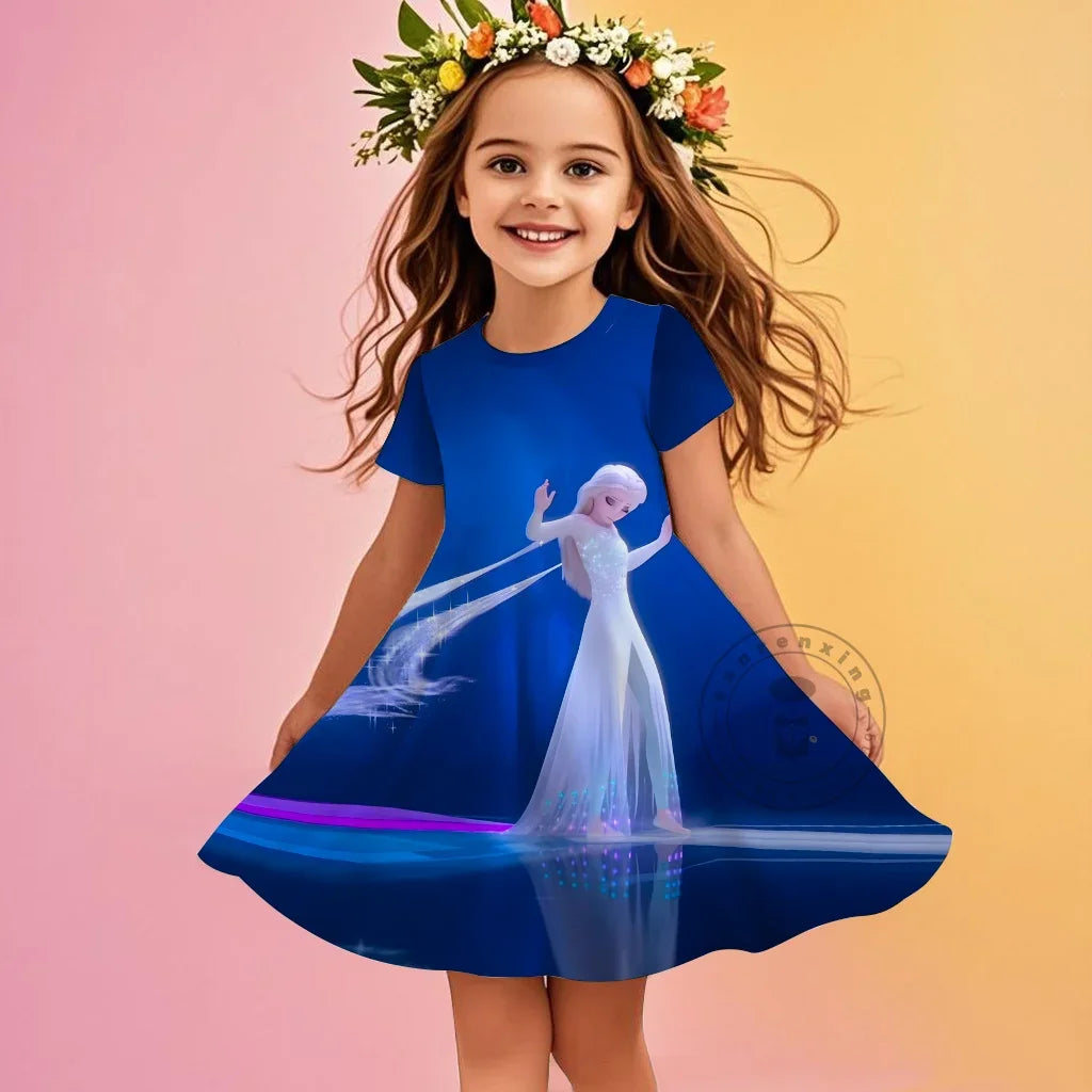 2025 Children Short-Sleeved Dress Cute Princess Series Elsa 3D Print Skirt Summer Baby Girl Clothes Original Brand Clothing