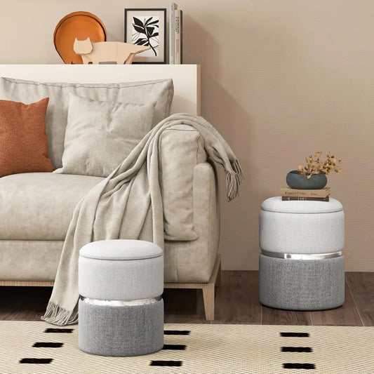 Storage Ottoman Set of 2, Modern Round Ottoman with Storage, Upholstered Linen Fabric Footrest with Sliver Hoop, Vanity